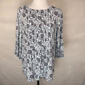 J Jill Tunic Women Sz S Blue Floral Pintuck Long Sleeve Boat Neck Prairie